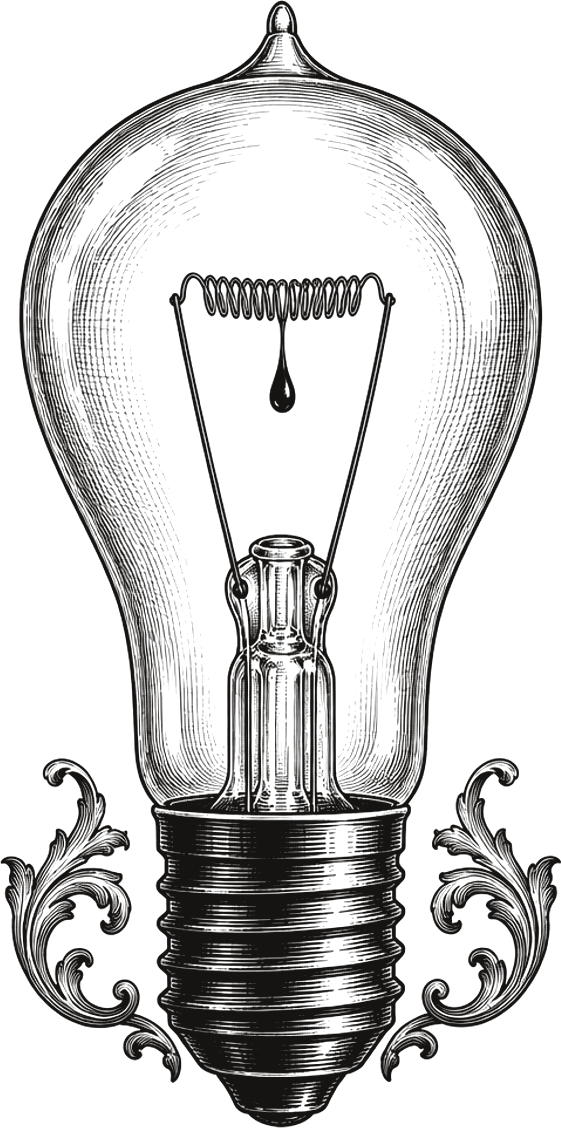 Engraved Victorian light bulb with a drop of ink hanging from the filament and acanthus scrolls at the base