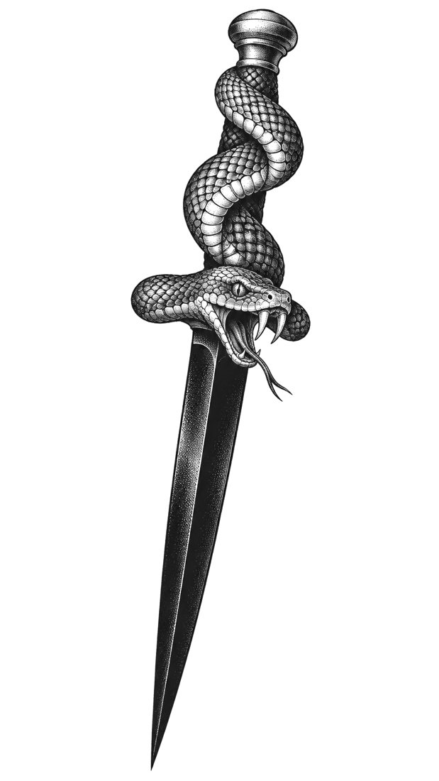 Dagger whose handle is a viper, blackwork