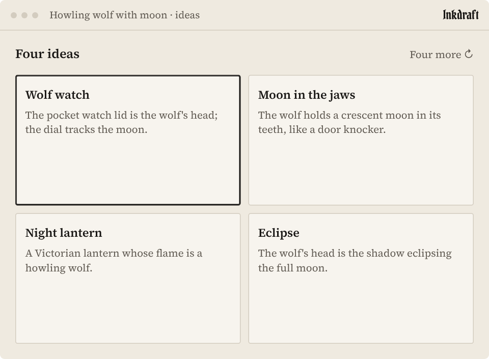 Ideas screen: four written ideas, one selected
