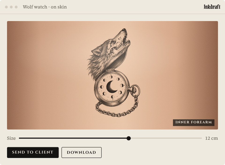 Preview screen: the wolf pocket watch on a forearm